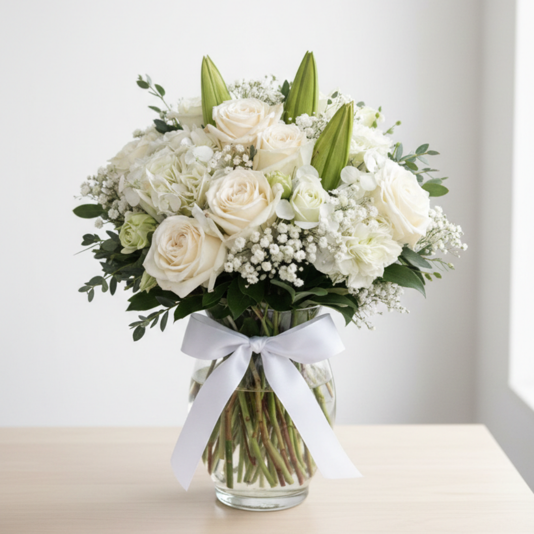 white floral arrangement roses hydrangea lilies baby breath glass vase zulove puerto rico