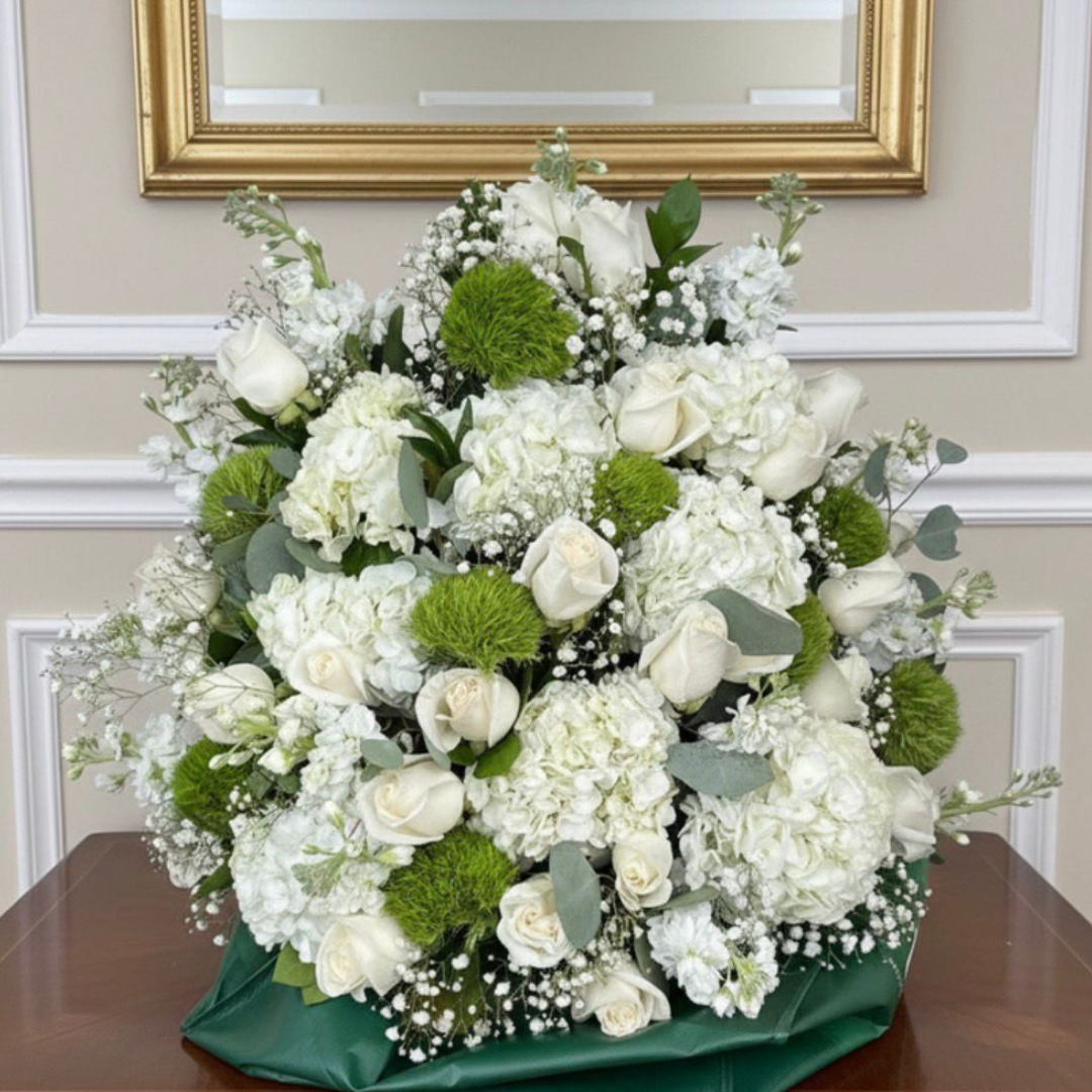 white sympathy arrangement hydrangea roses baby breath puerto rico