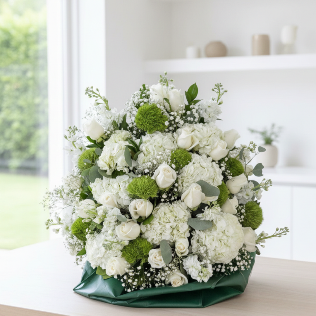 white sympathy arrangement hydrangea roses baby breath puerto rico