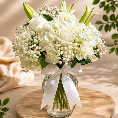 White Beside You – Elegant White Floral Arrangement in Glass Vase