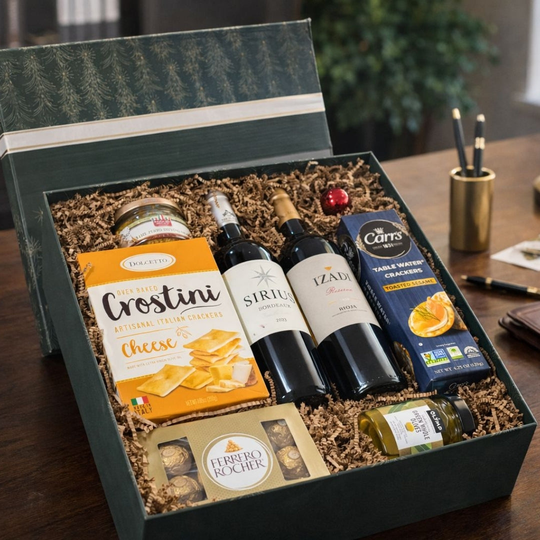 caja gourmet vinos galletas chocolates pesto aceitunas zulove puerto rico elegante