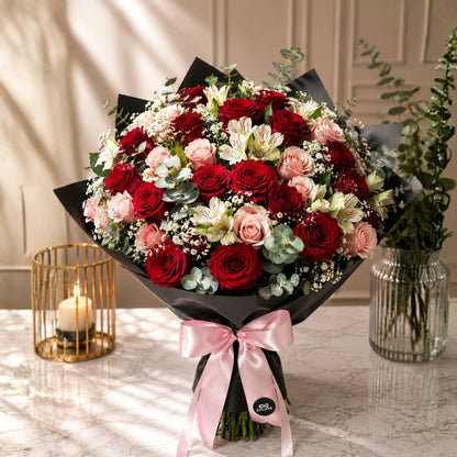 Zulove Charm 1 – Red, Blush Roses & White Alstroemerias