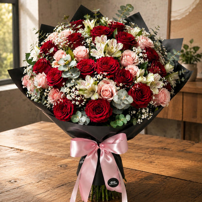 Zulove Charm 1 – Red, Blush Roses & White Alstroemerias