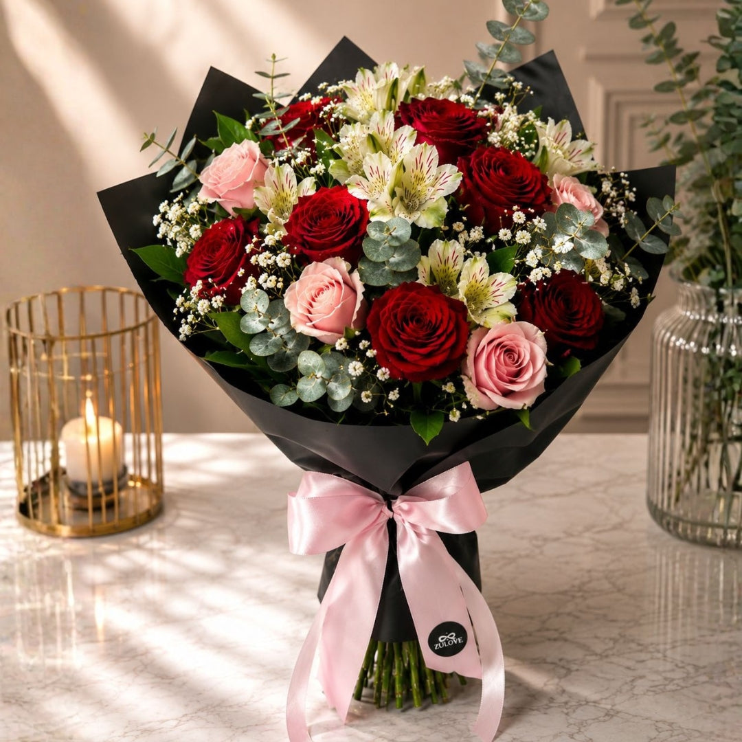 Zulove Charm 1 – Red, Blush Roses & White Alstroemerias