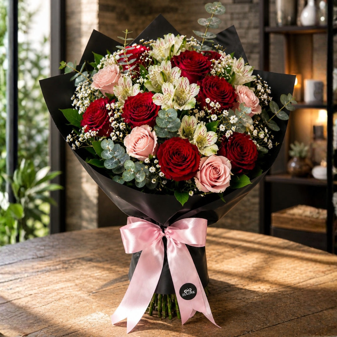 Zulove Charm 1 – Red, Blush Roses & White Alstroemerias