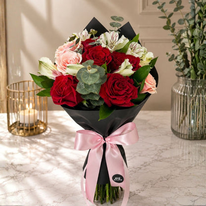 Zulove Charm 1 – Red, Blush Roses & White Alstroemerias