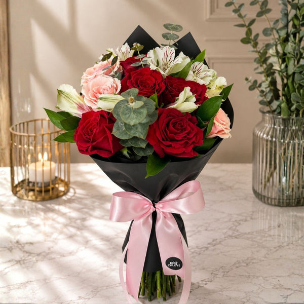 Zulove Charm 1 – Red, Blush Roses & White Alstroemerias
