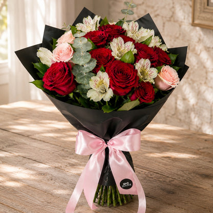 Zulove Charm 1 – Red, Blush Roses & White Alstroemerias