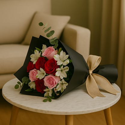 Zulove Charm 1 – Red, Blush Roses & White Alstroemerias