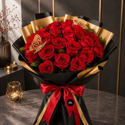 Classic Bouquet with Butterflies – 24 Roses Your Way