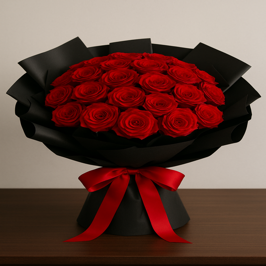 Elegant bouquet of 24 fresh red roses wrapped in black paper with satin ribbon – personalized romantic gift by Zulove, Puerto Rico.