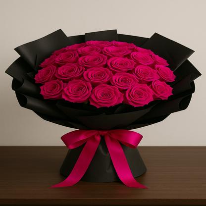 Elegant bouquet of 24 fresh dark Pink roses wrapped in black paper with satin ribbon – personalized romantic gift by Zulove, Puerto Rico.2