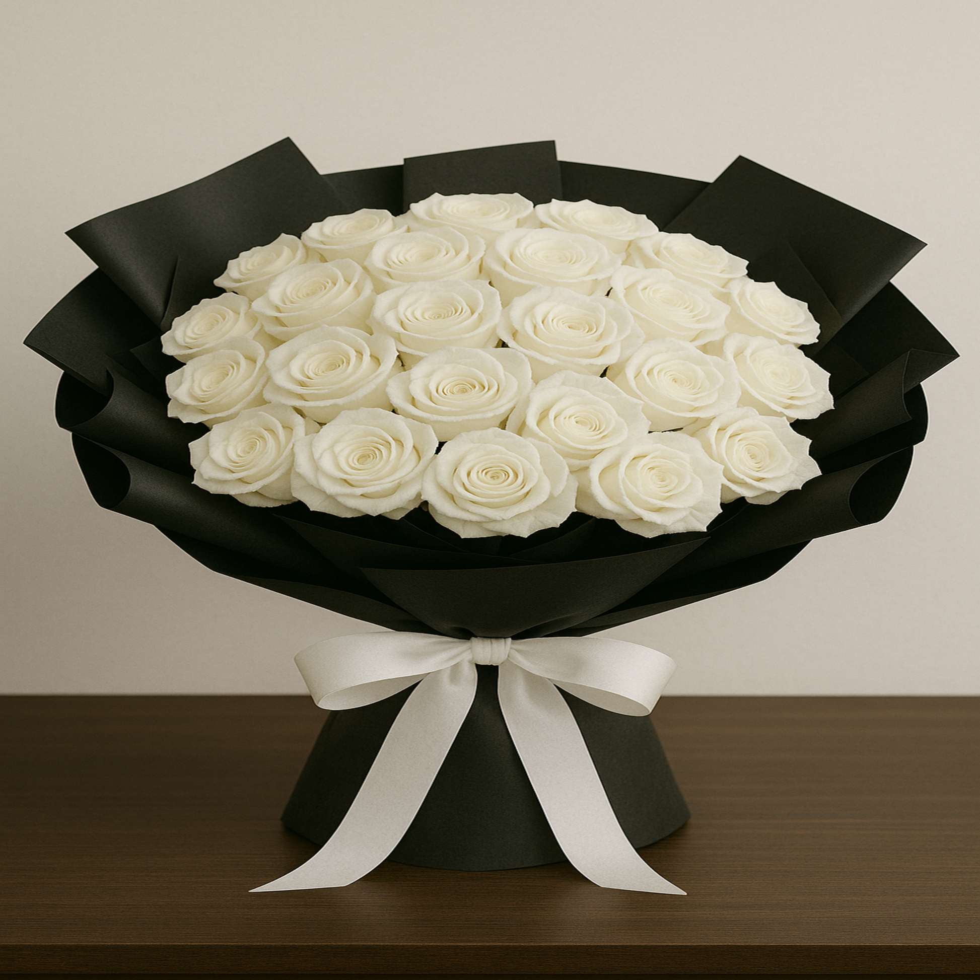 Elegant bouquet of 24 fresh white roses wrapped in black paper with satin ribbon – personalized romantic gift by Zulove, Puerto Rico.4