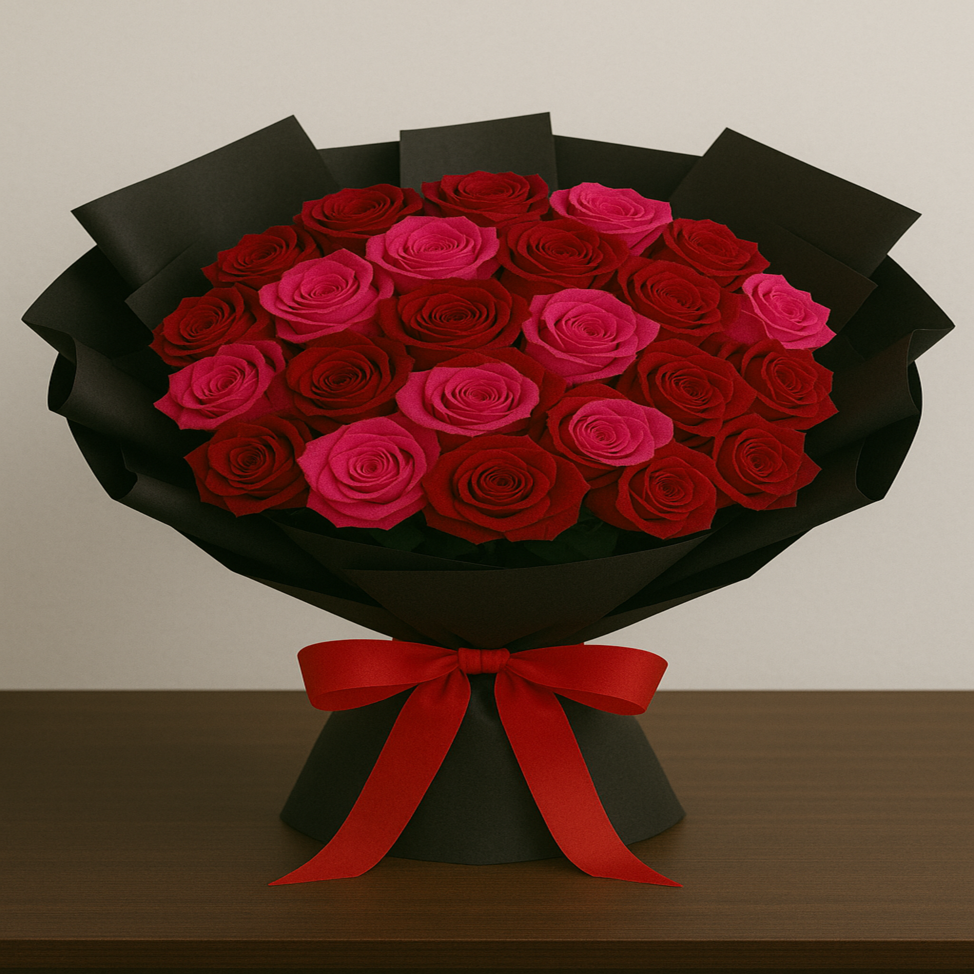 Elegant bouquet of 24 fresh red and pink roses wrapped in black paper with satin ribbon – personalized romantic gift by Zulove, Puerto Rico.8