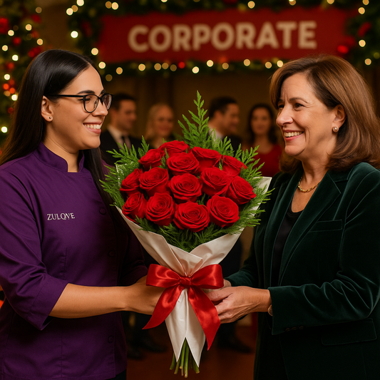 Elegant holiday bouquet of red roses with pine – Zulove Puerto Rico