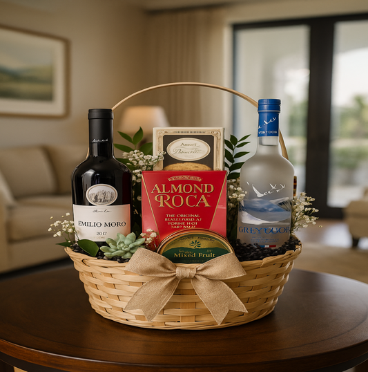 Elegant gift basket with Emilio Moro red wine, Grey Goose vodka, and gourmet sweets decorated with florals and succulents – Zulove