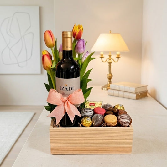 Zulove Tulip Affair – Base de Madera con Vino, Chocolates y Tulipanes