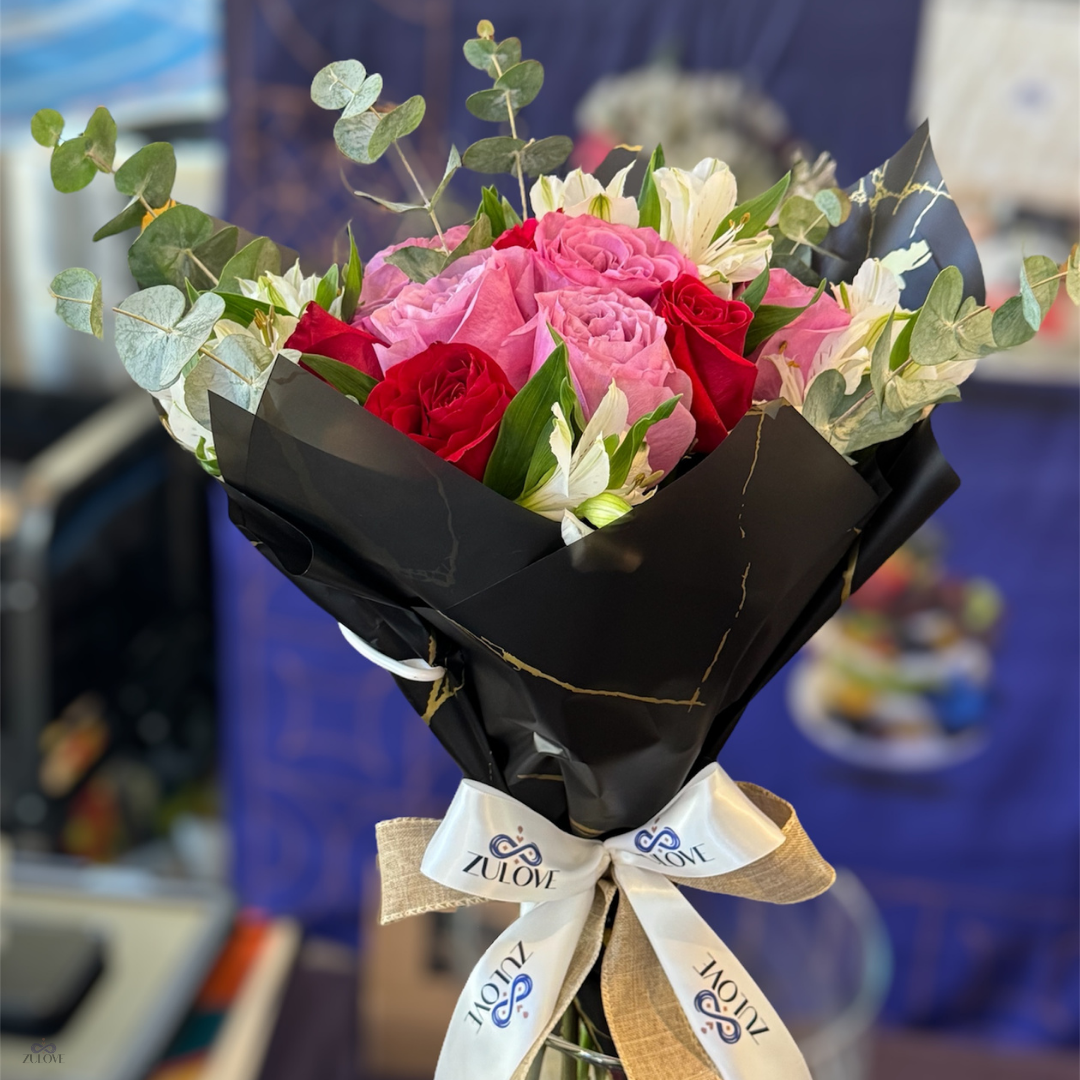 Zulove Charm 1 – Red, Blush Roses & White Alstroemerias