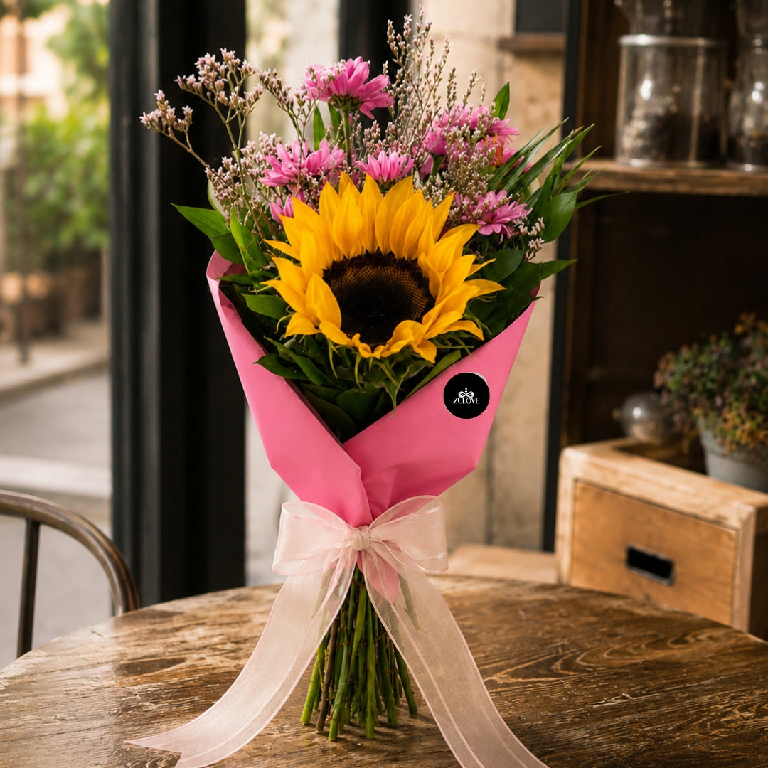 Zulover Sunflower 1 – Single Sunflower with Foliage & Elegant Wrapping