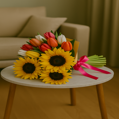 Tulips & Sun – Vibrant Bouquet of Sunflowers and Tulips