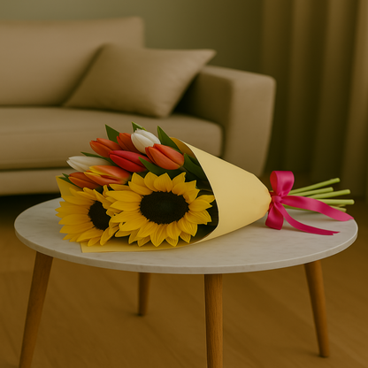 Tulips & Sun – Vibrant Bouquet of Sunflowers and Tulips