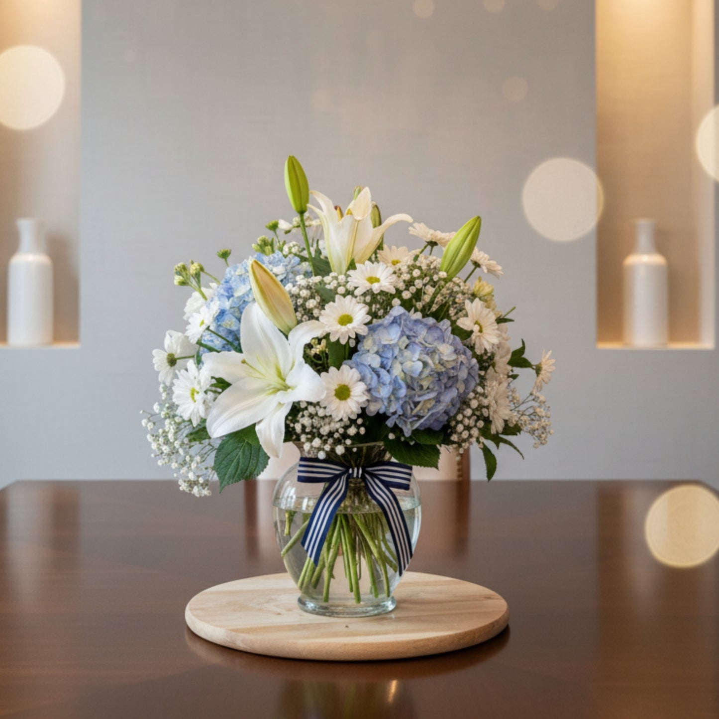 blue hydrangea lily daisy arrangement puerto rico elegant