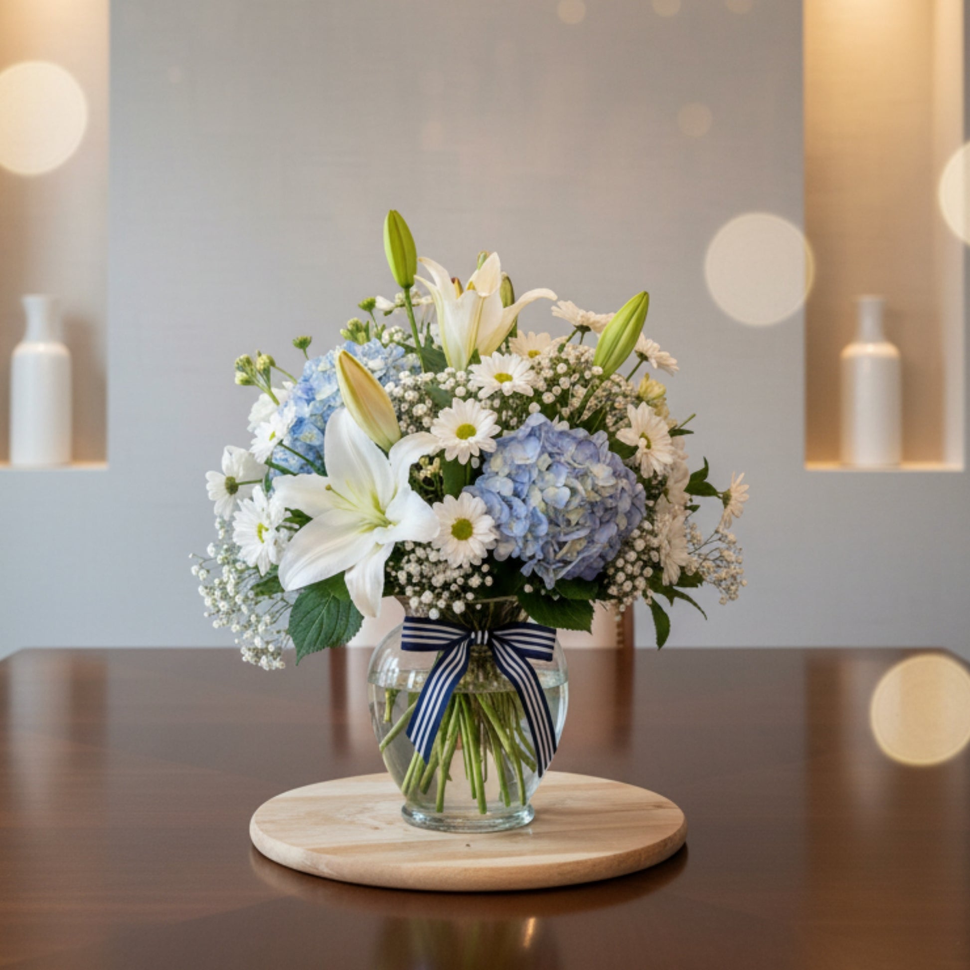 blue hydrangea lily daisy arrangement puerto rico elegant