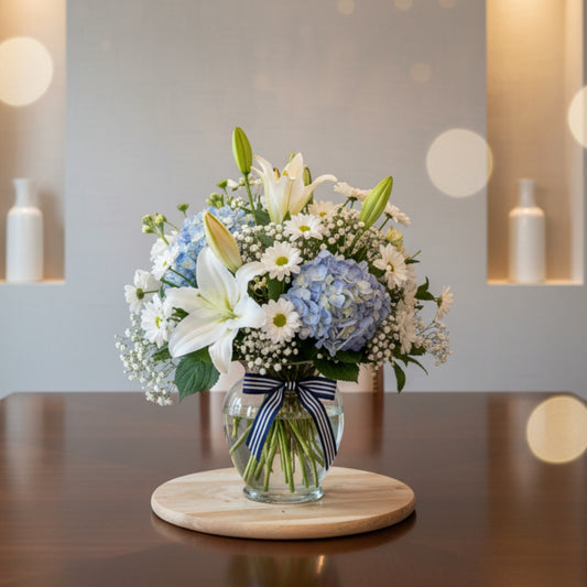 blue hydrangea lily daisy arrangement puerto rico elegant