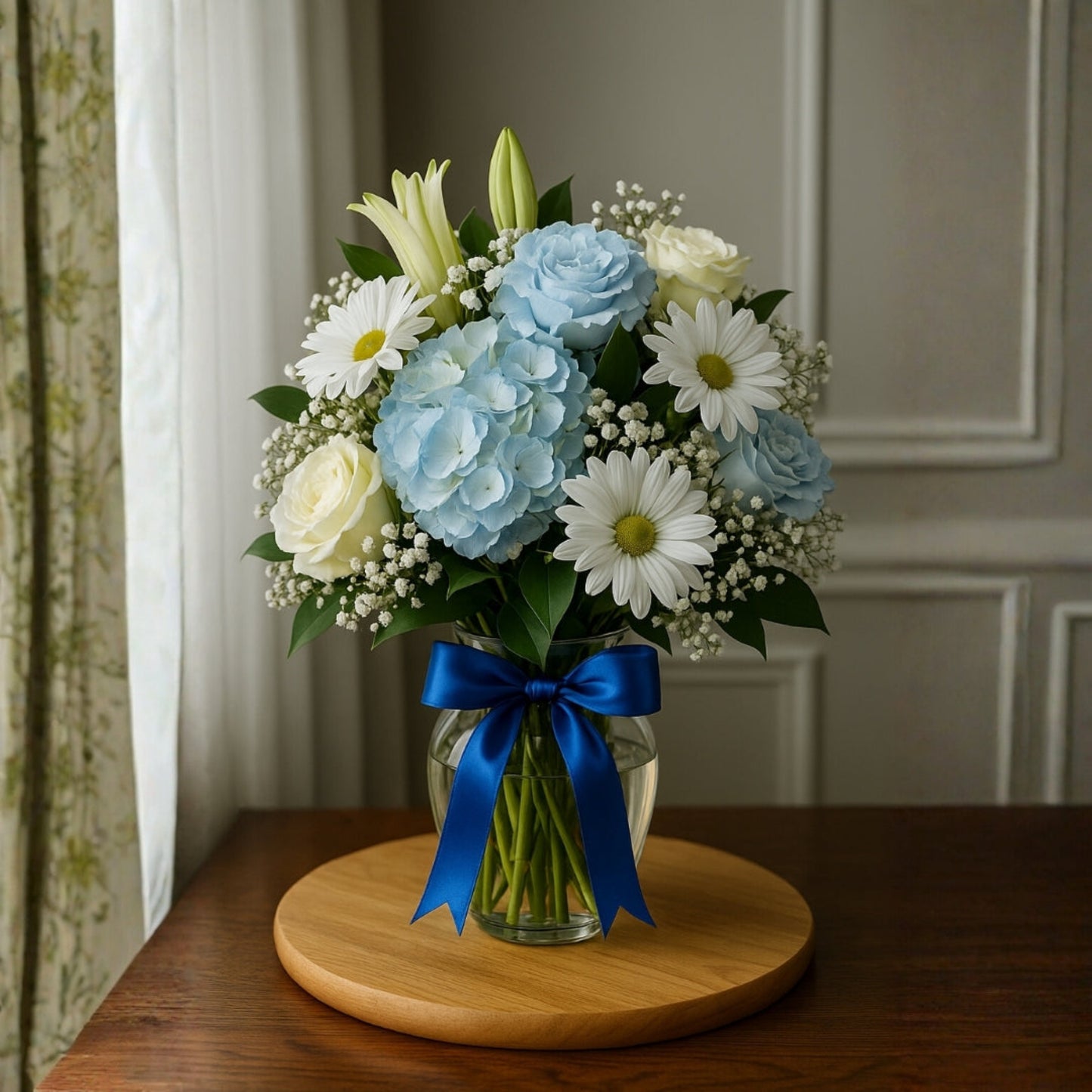 blue hydrangea lily daisy arrangement puerto rico elegant