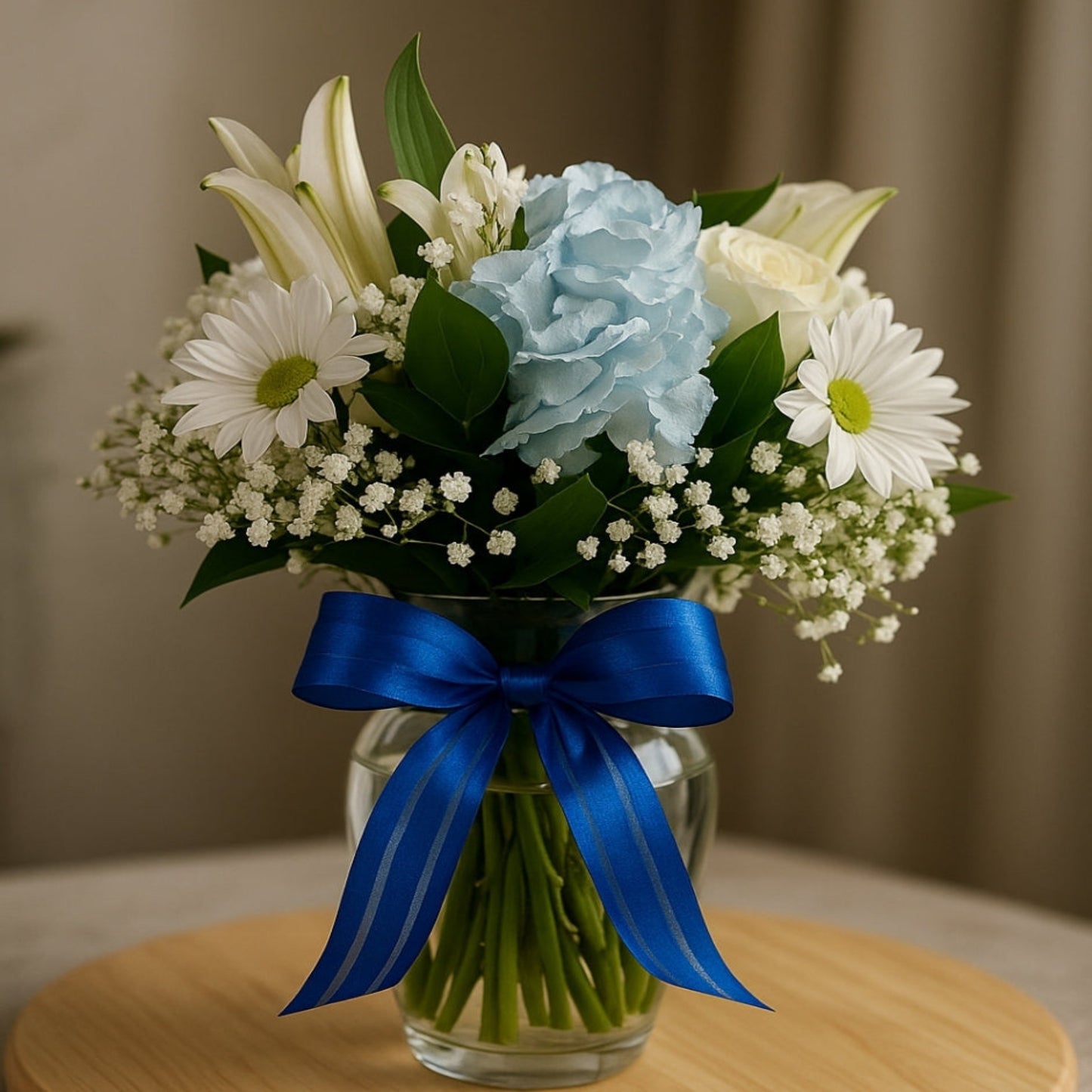 blue hydrangea lily daisy arrangement puerto rico elegant