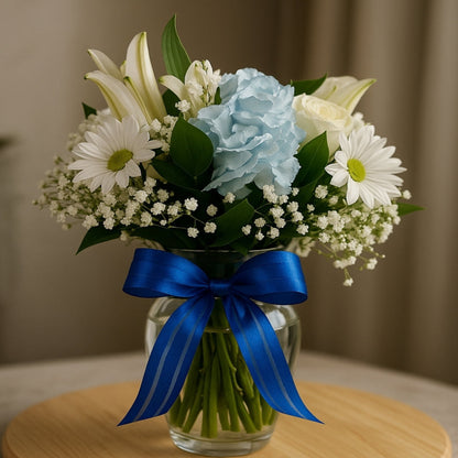 blue hydrangea lily daisy arrangement puerto rico elegant