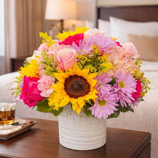 Burst of Joy – Multicolor Floral Arrangement in White Base