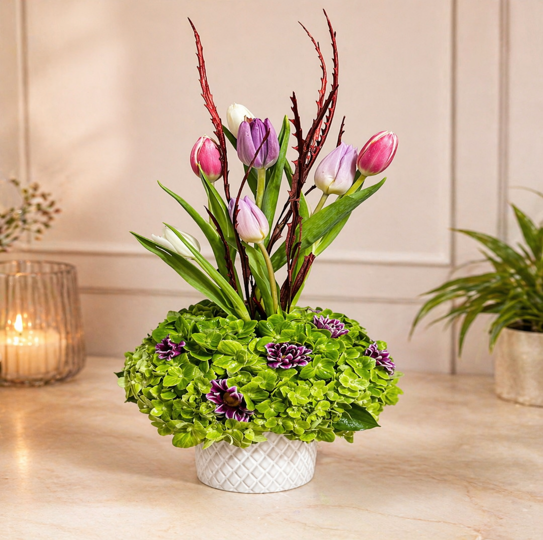 arreglo floral moderno tulipanes hortensias margaritas puerto rico