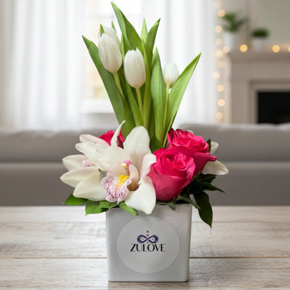 orchid rose tulip cube arrangement puerto rico elegant