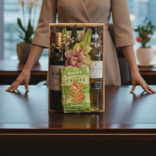 bandeja vinos tinto blanco chocolate galletas detalle floral zulove puerto rico