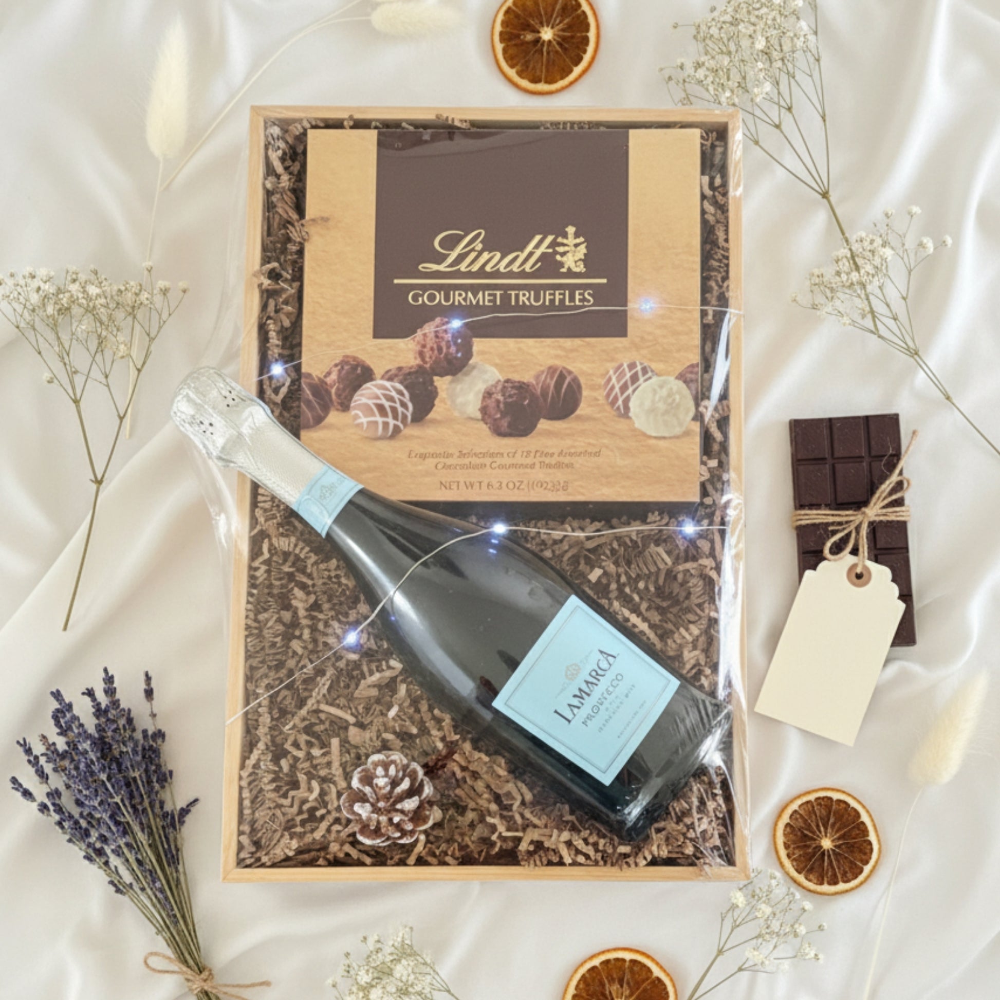 bandeja vino espumoso chocolate luces zulove puerto rico regalo elegante