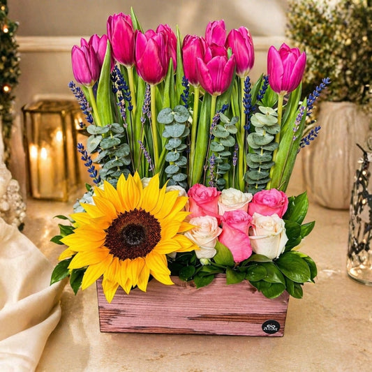 arreglo girasoles tulipanes madera zulove puerto rico elegante