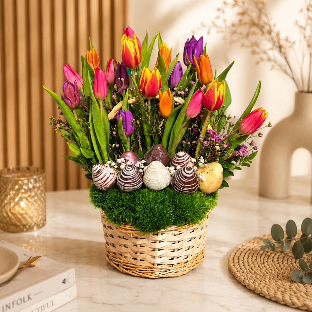 Forbidden Bloom – Tulips & Chocolate-Covered Strawberries Basket