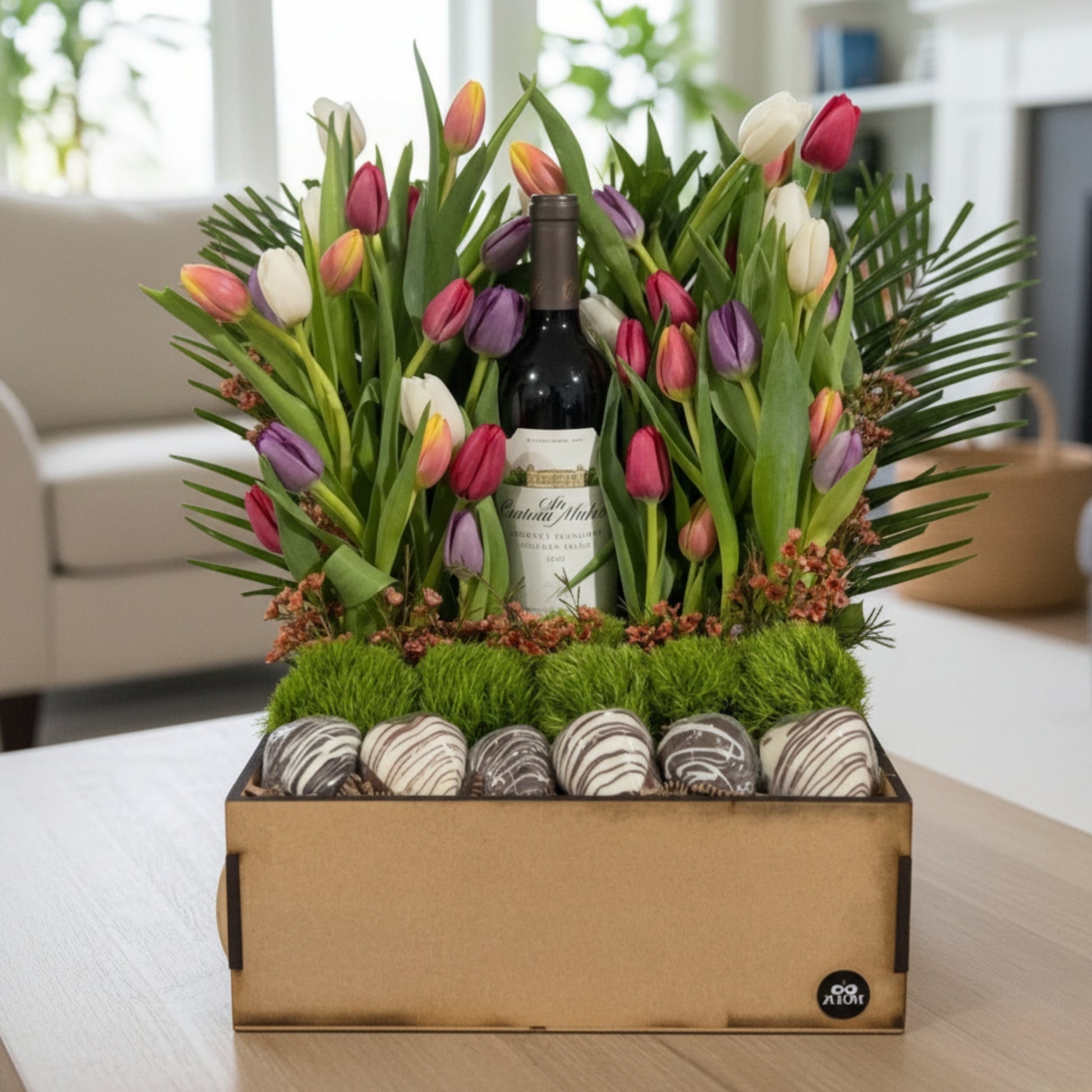 tulipanes vino fresas chocolate caja madera zulove puerto rico elegante
