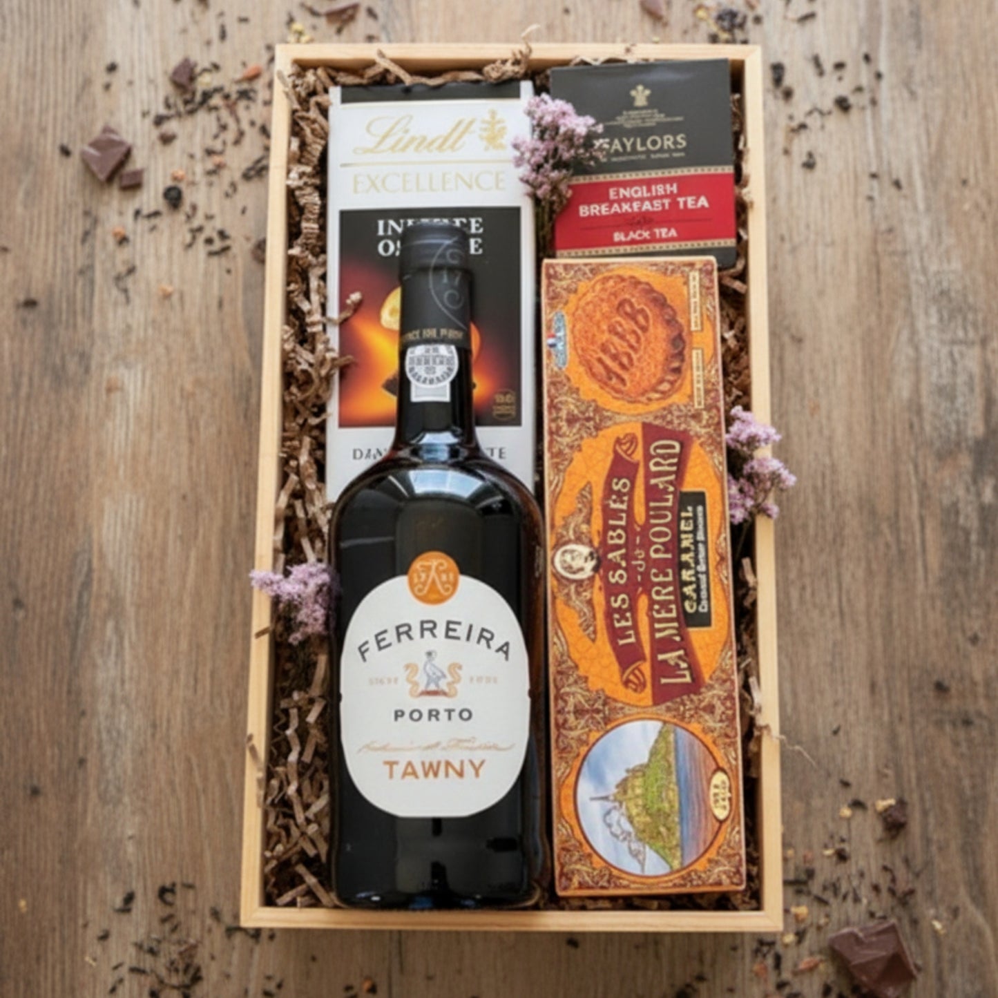 caja regalo vino chocolate te galletas gourmet madera zulove puerto rico