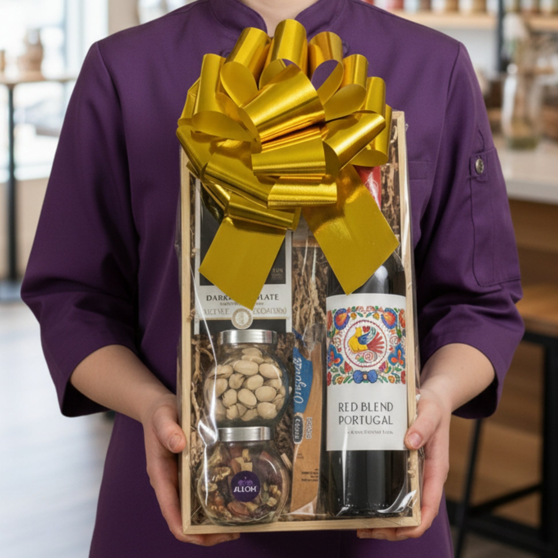 caja madera vino chocolates nueces lazo zulove puerto rico regalo elegante