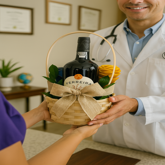 Zulove gift basket with wine, coffee, and tropical floral detail – perfect for professionals or special celebrations